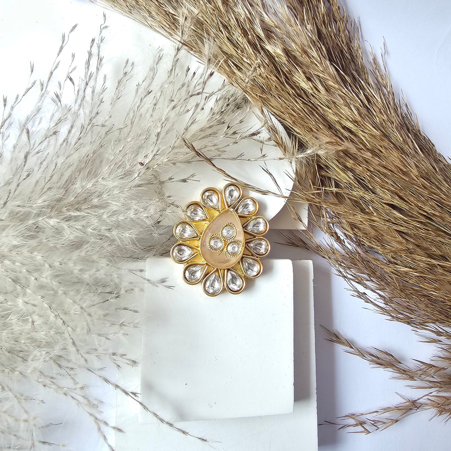Golden Flower Design Small Oval Shape Kundan Ring