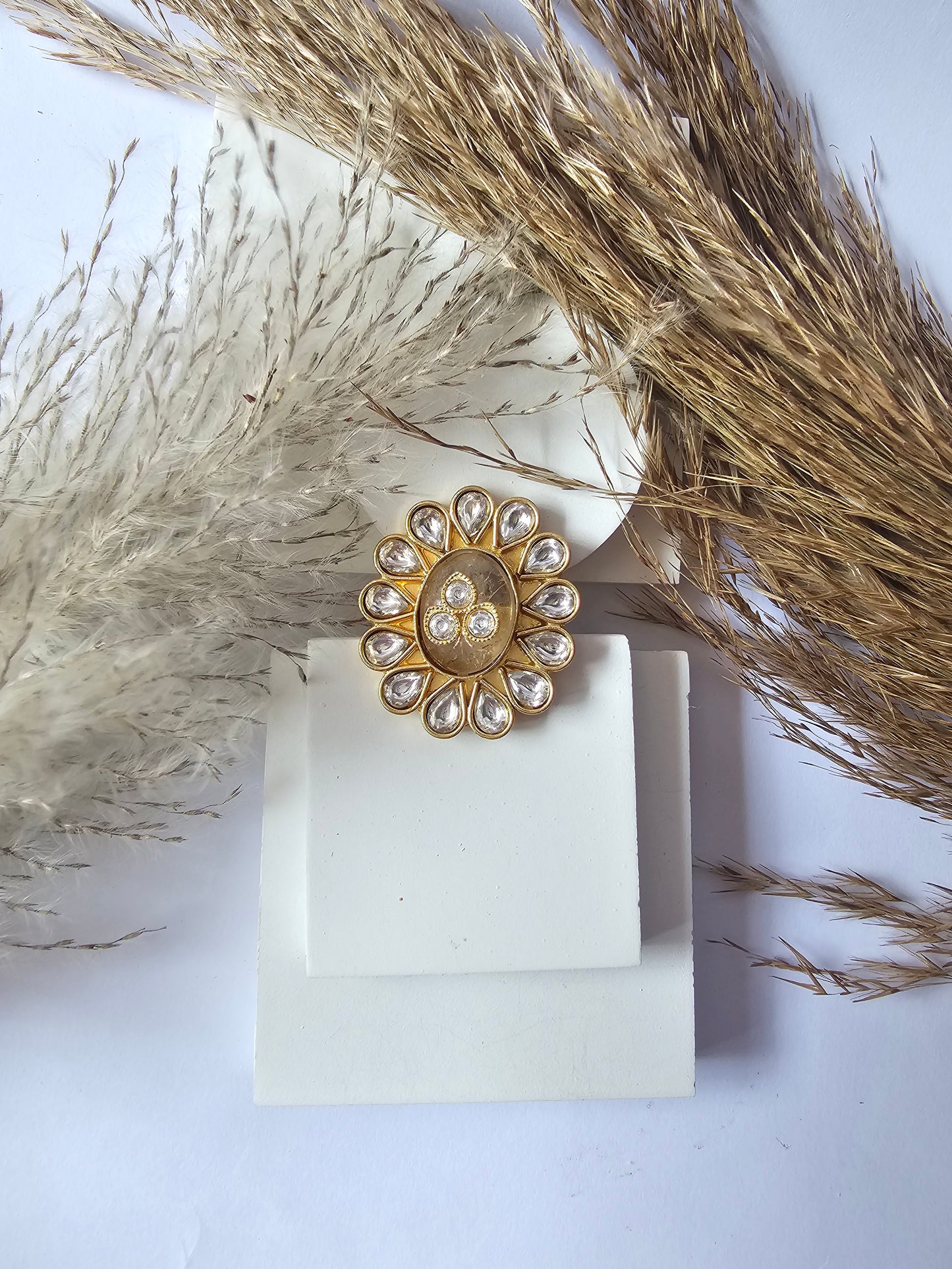 Golden Flower Design Kundan Ring