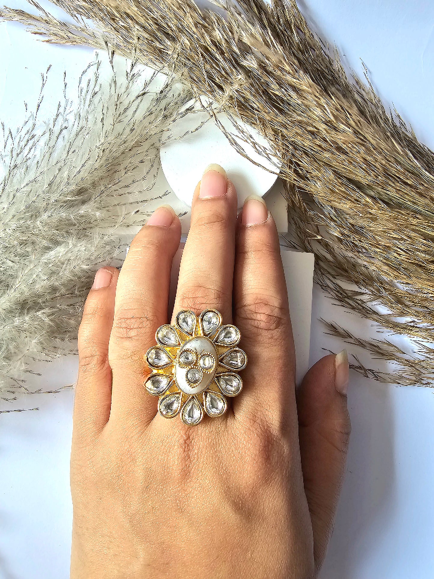 Golden Flower Design Kundan Ring