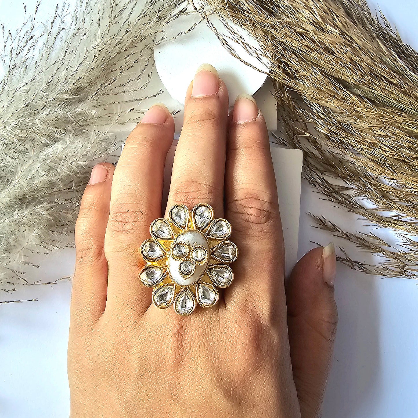 Golden Flower Design Small Oval Shape Kundan Ring