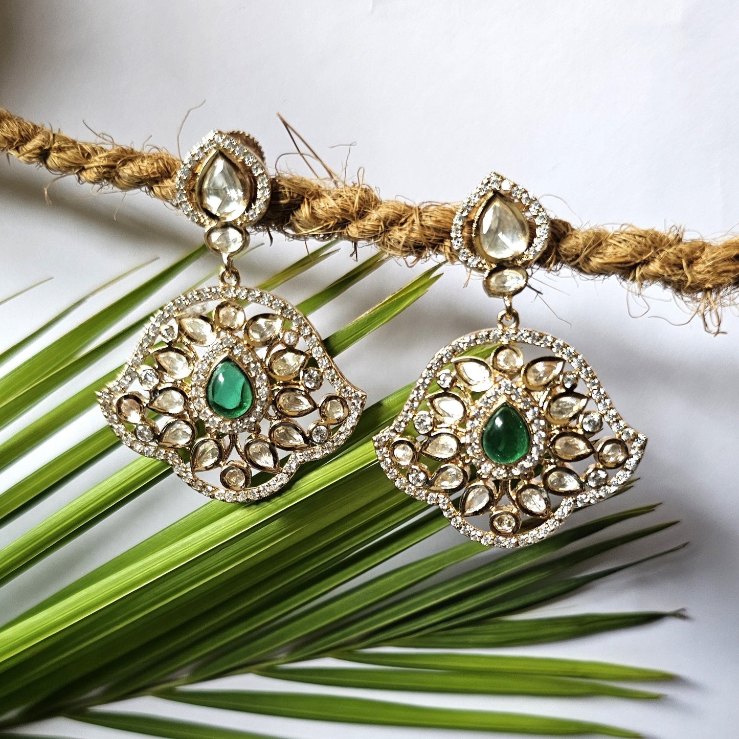 Gold Plated Trendy Green Color Dangler Earring