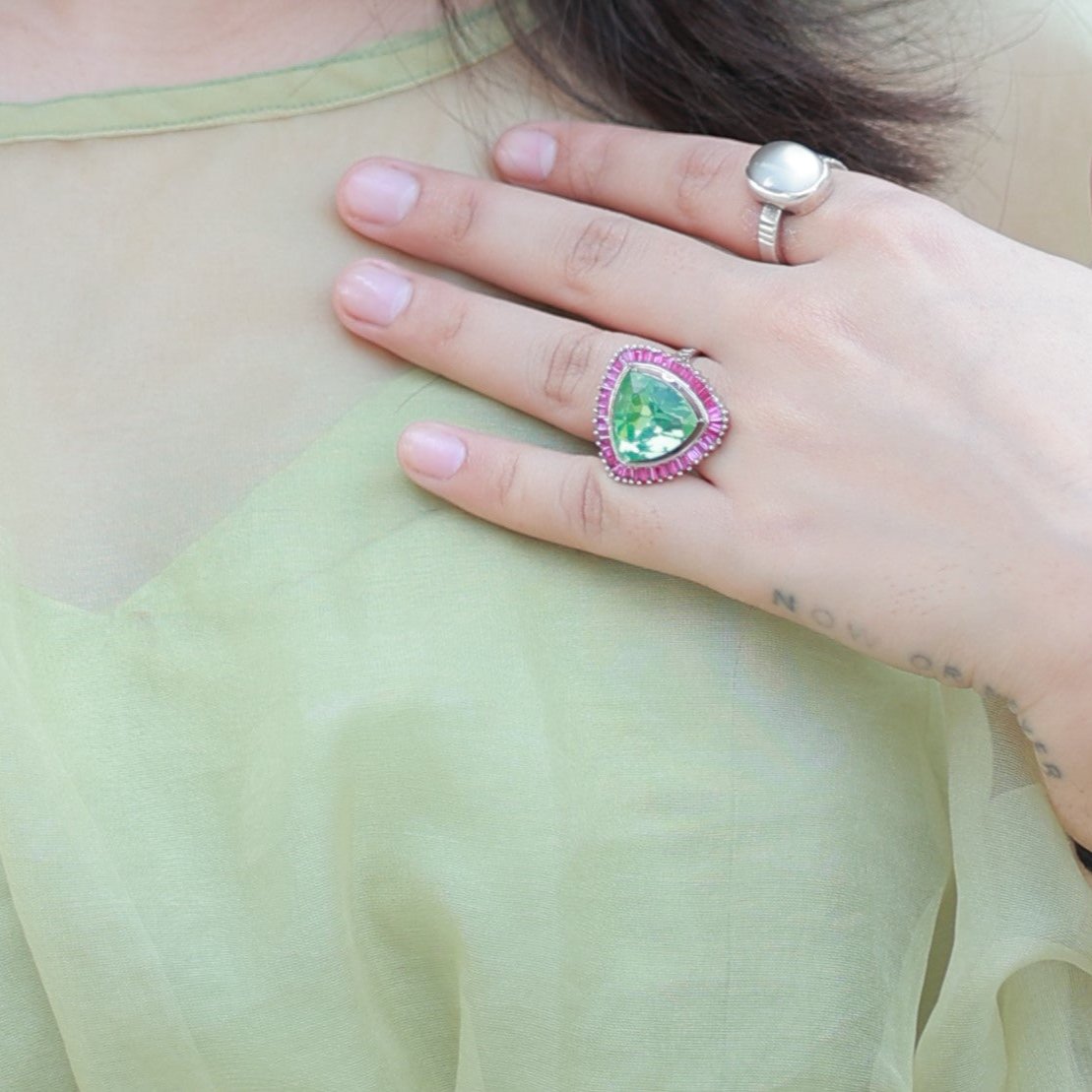 Triangle Shape Ring With Pink Stone Border
