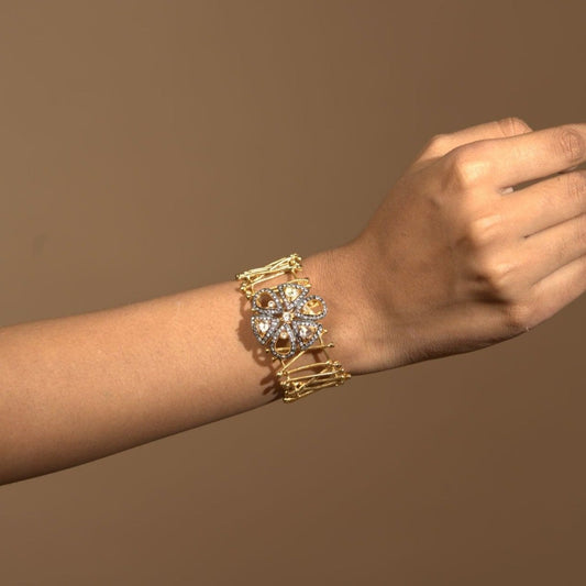 Golden Cuff Bracelet With Flower