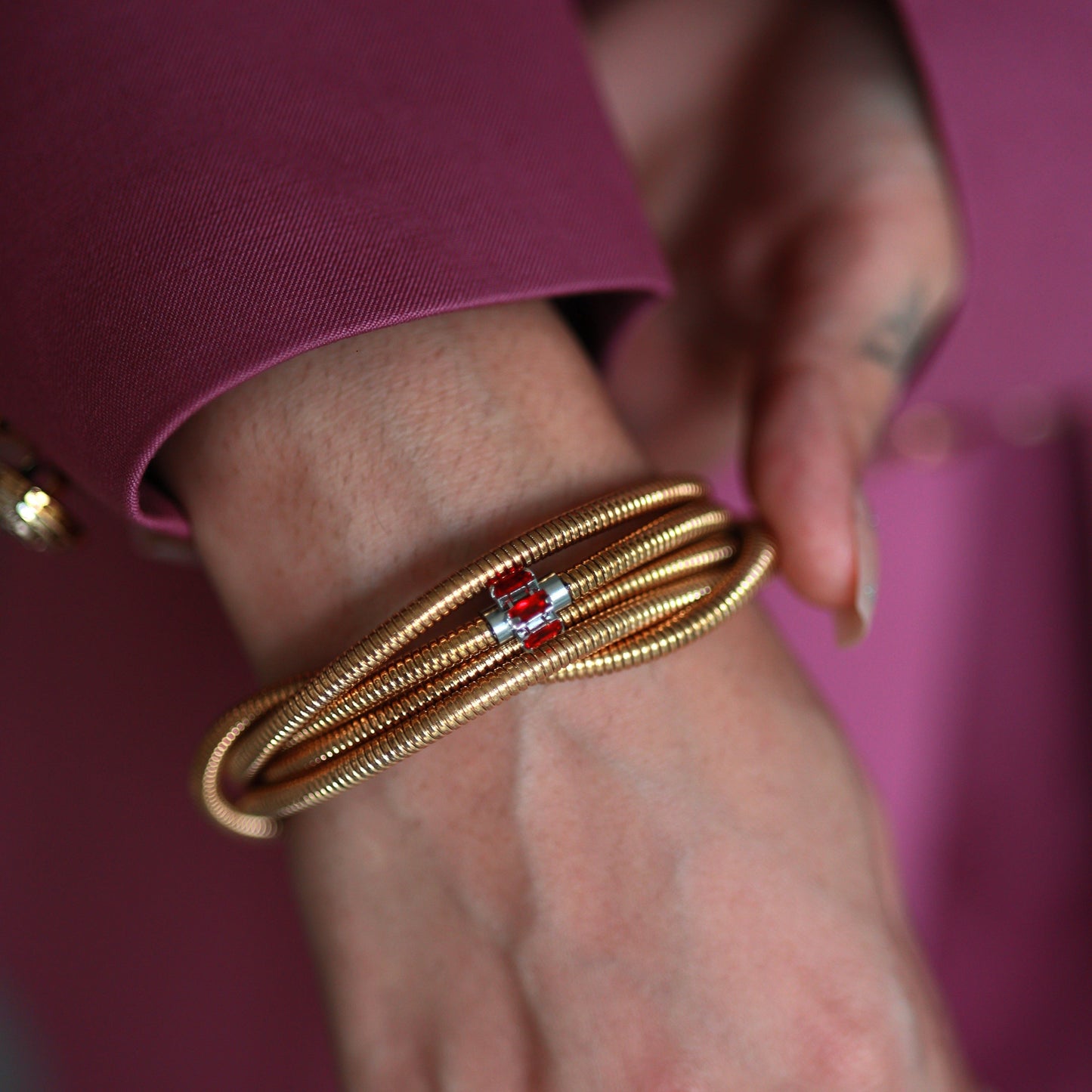 Layered Snake Stainless Steel Bracelet With Stone