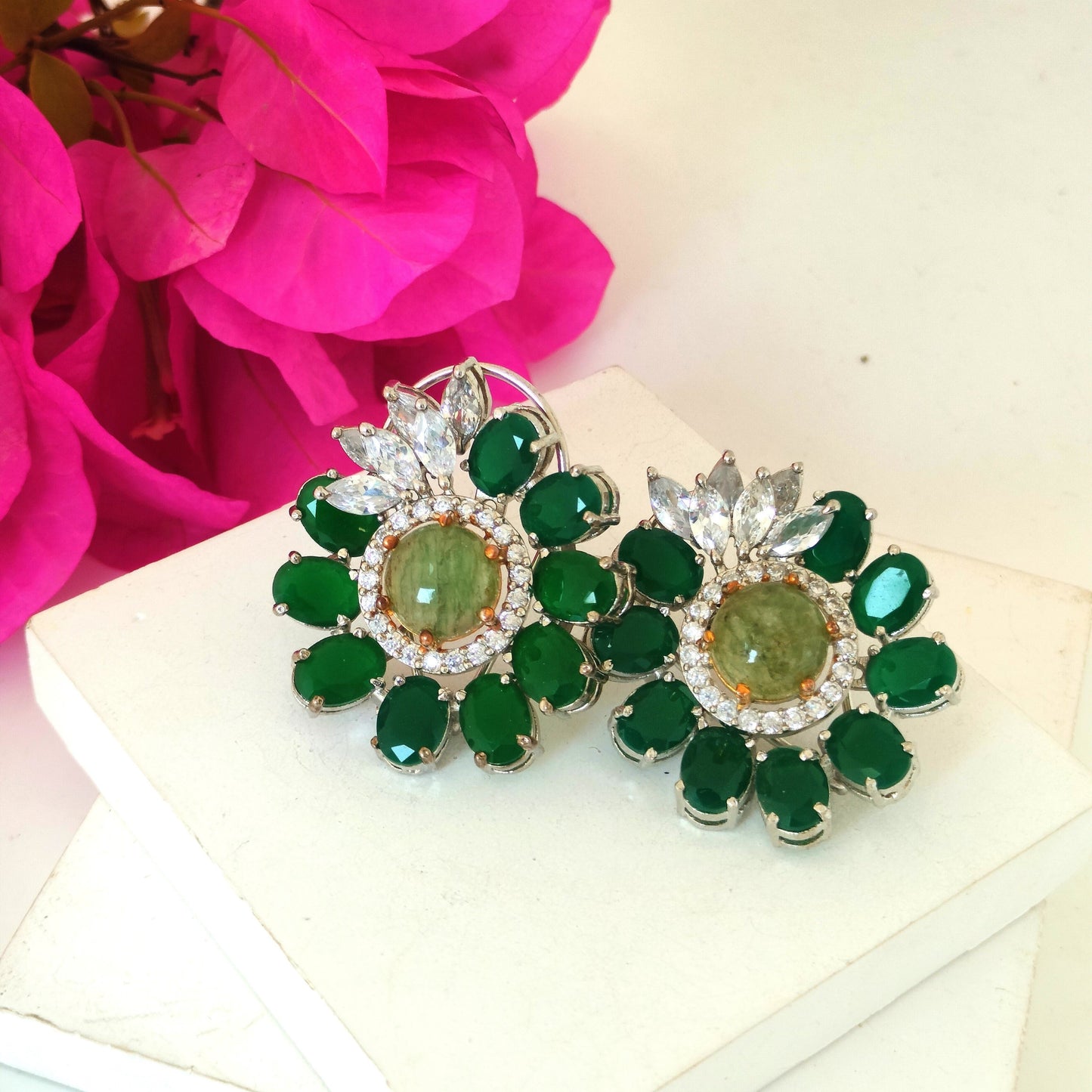 Flower Design Stud Earring With Stone