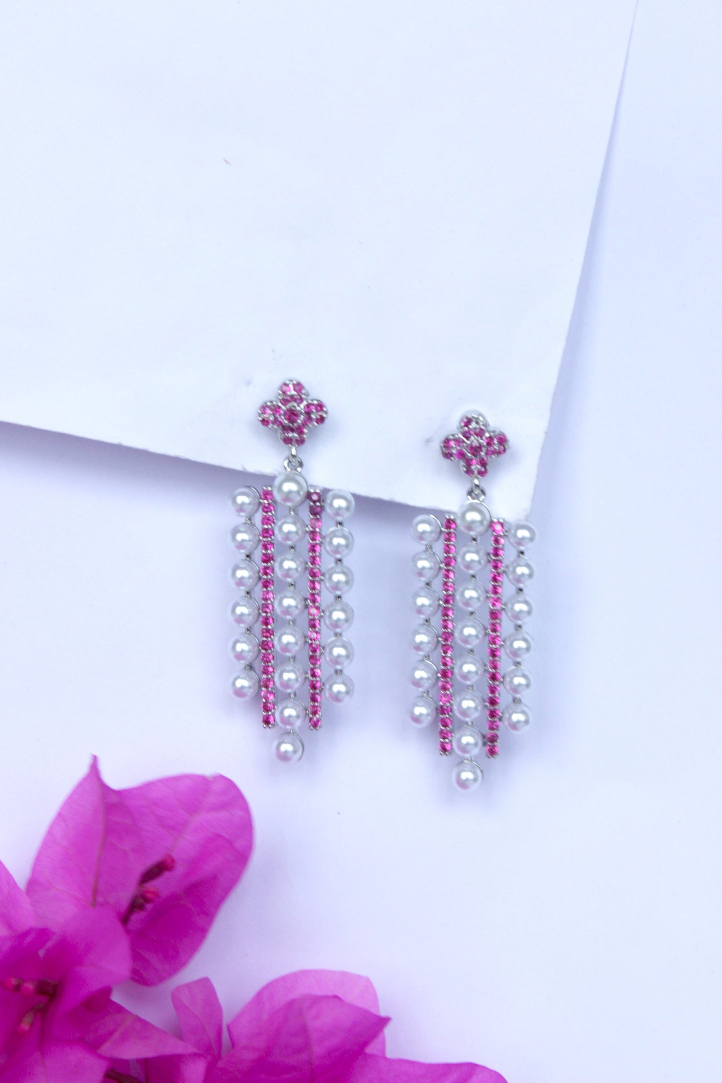 White Zircon And Synthetic Ruby Stone Dangler Earrings