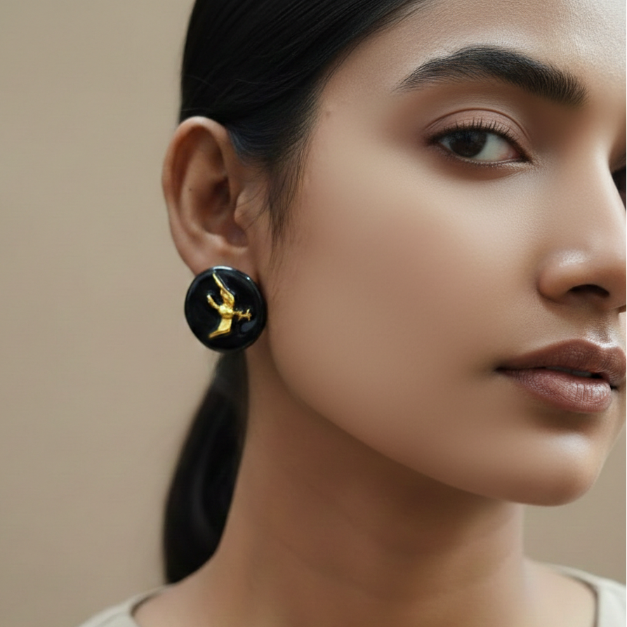 Designer Black Statement Stud Earrings with Gold Detail for Women | Party Wear & Statement Jewellery