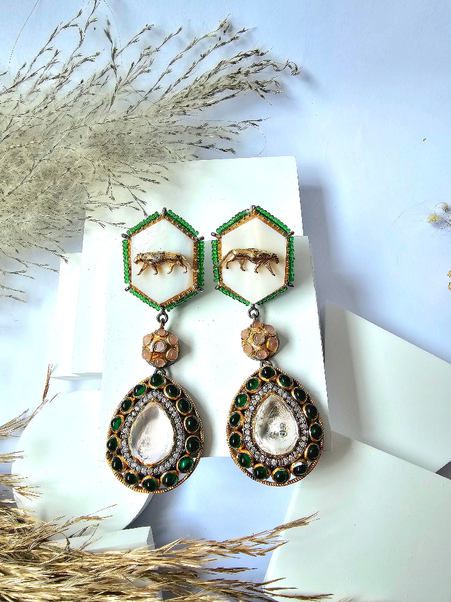 Multicolor Stone And Tiger Design Dangle Drop Earring