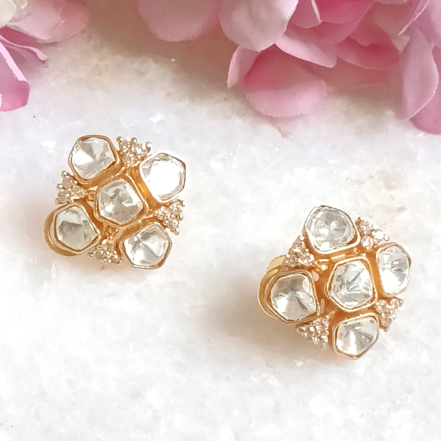 Golden kundan work stud with white stone earring