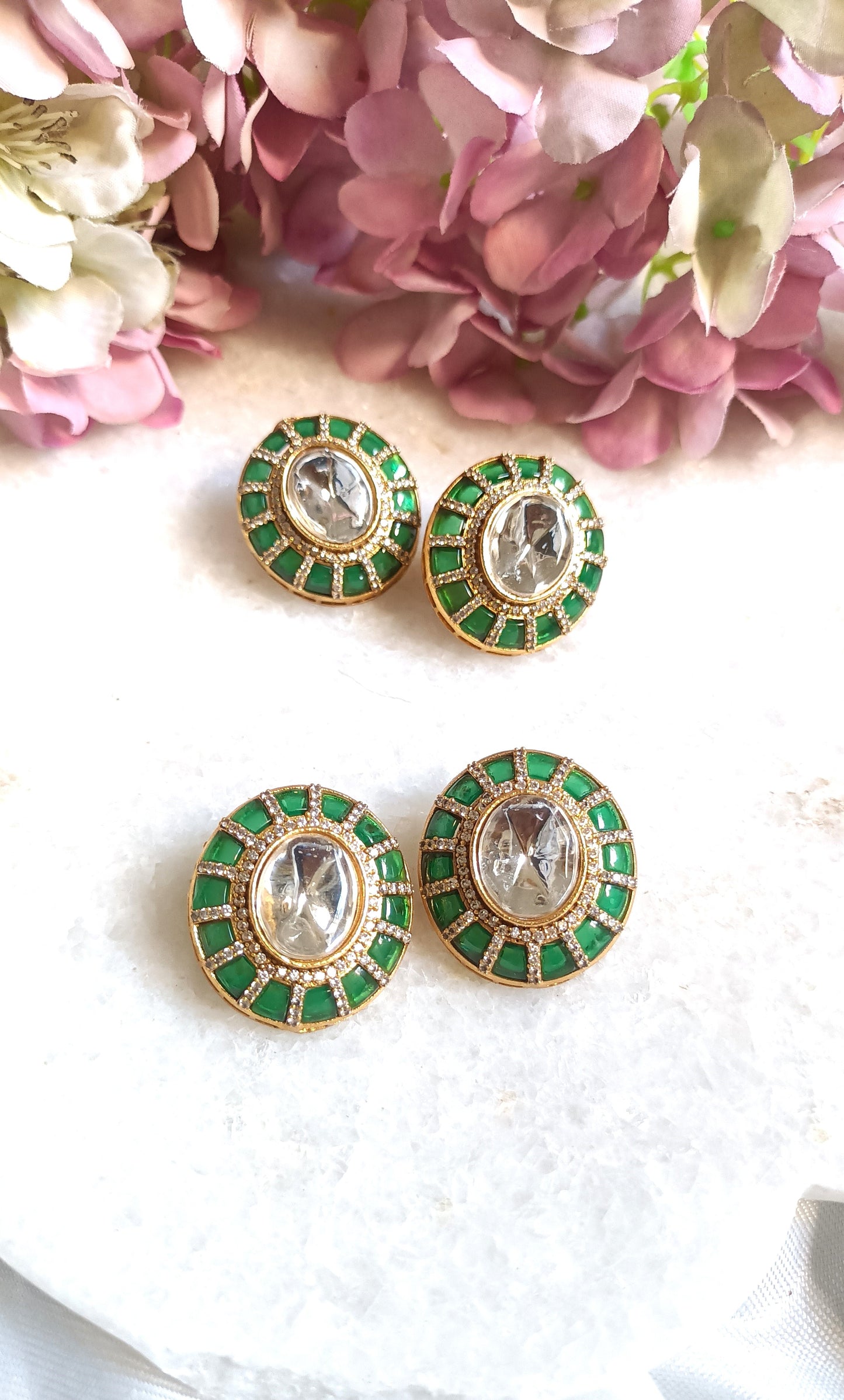 Floral design polki stud green earring