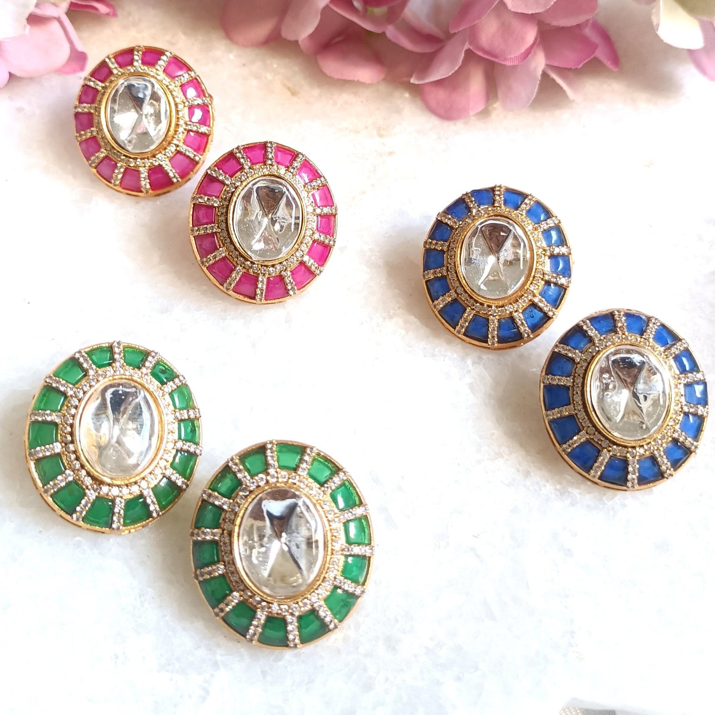 Floral design polki stud green earring