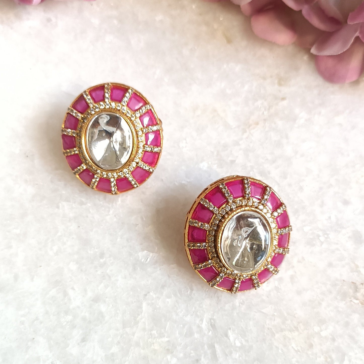 Floral design polki stud green earring