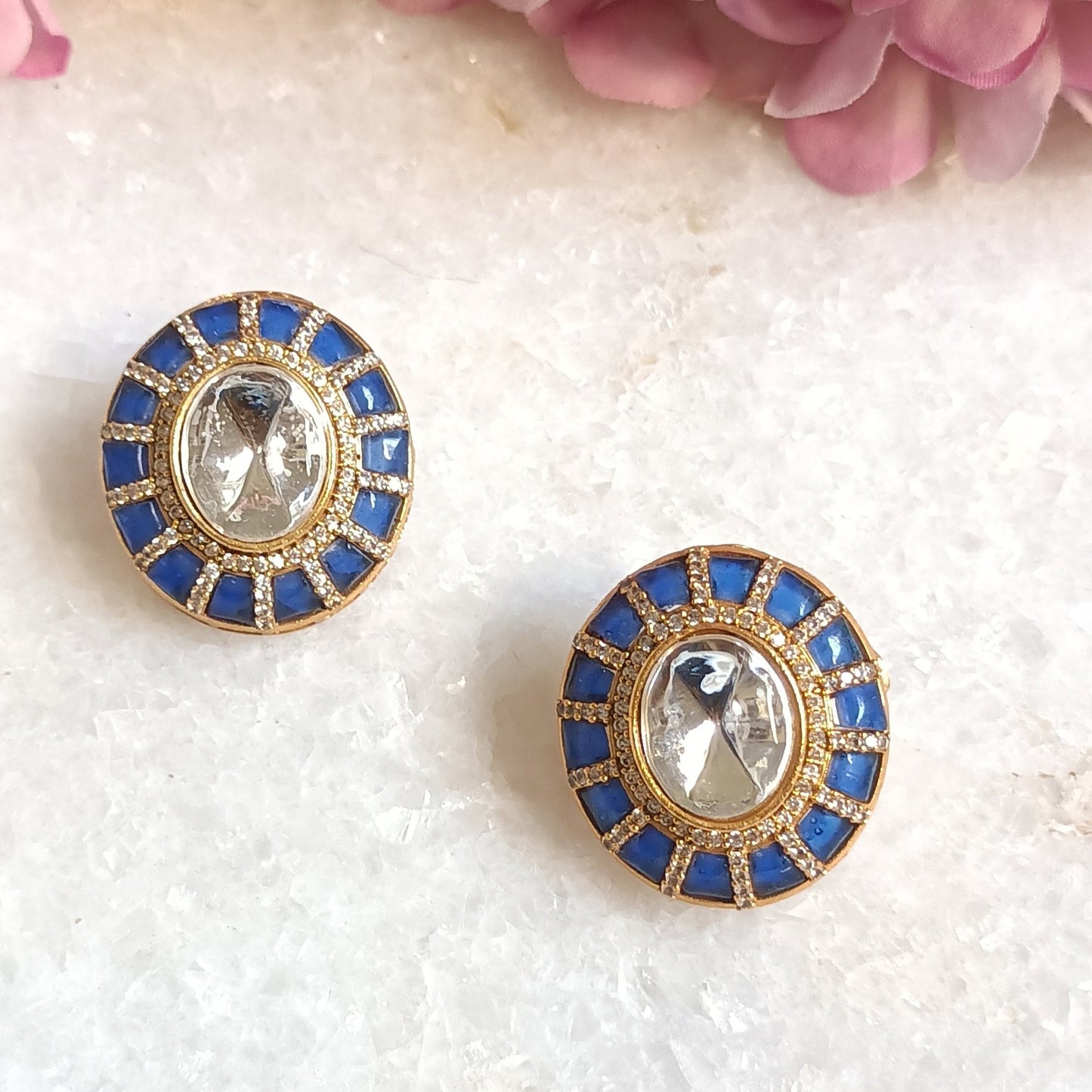 Floral design polki stud green earring