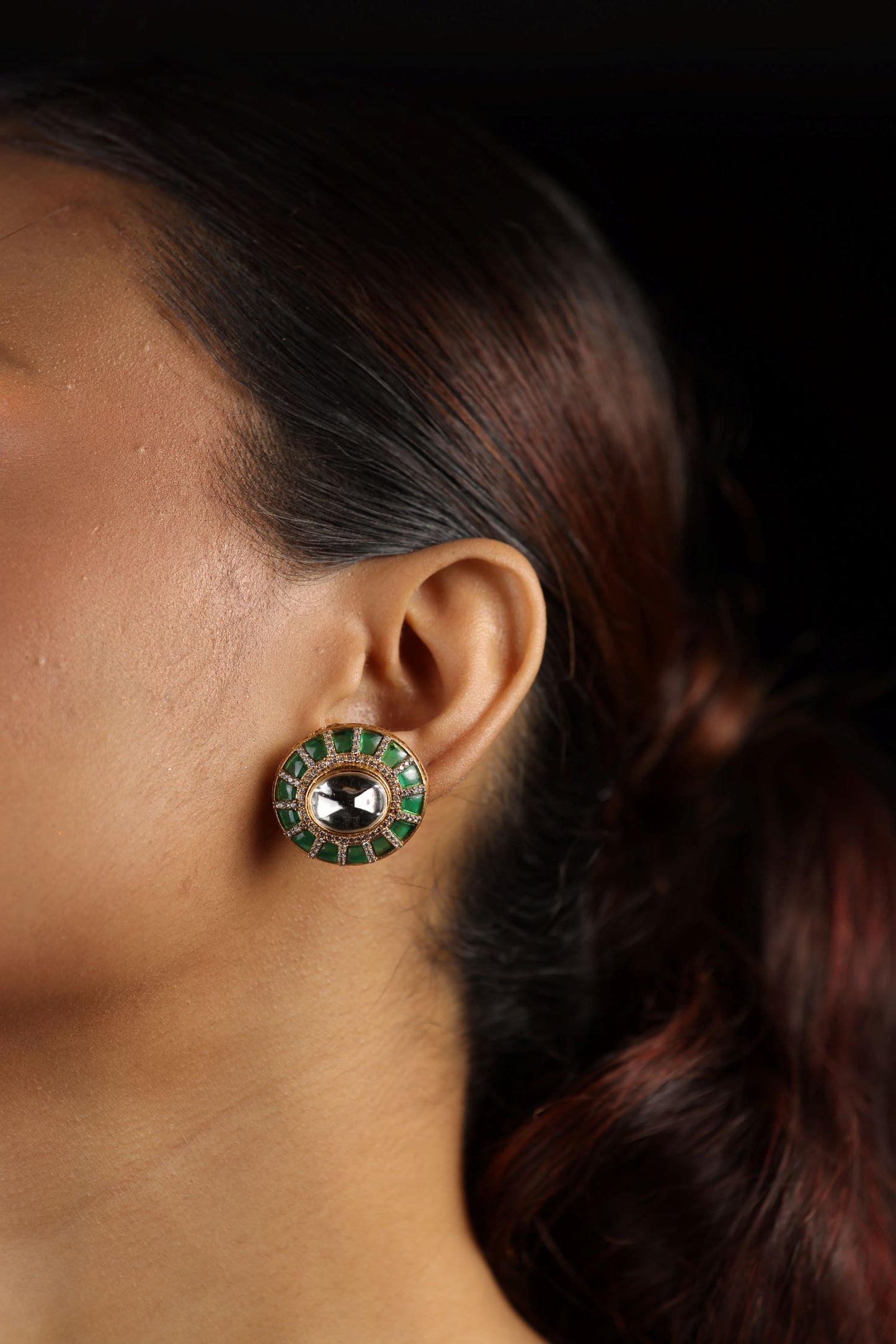 Floral design polki stud green earring