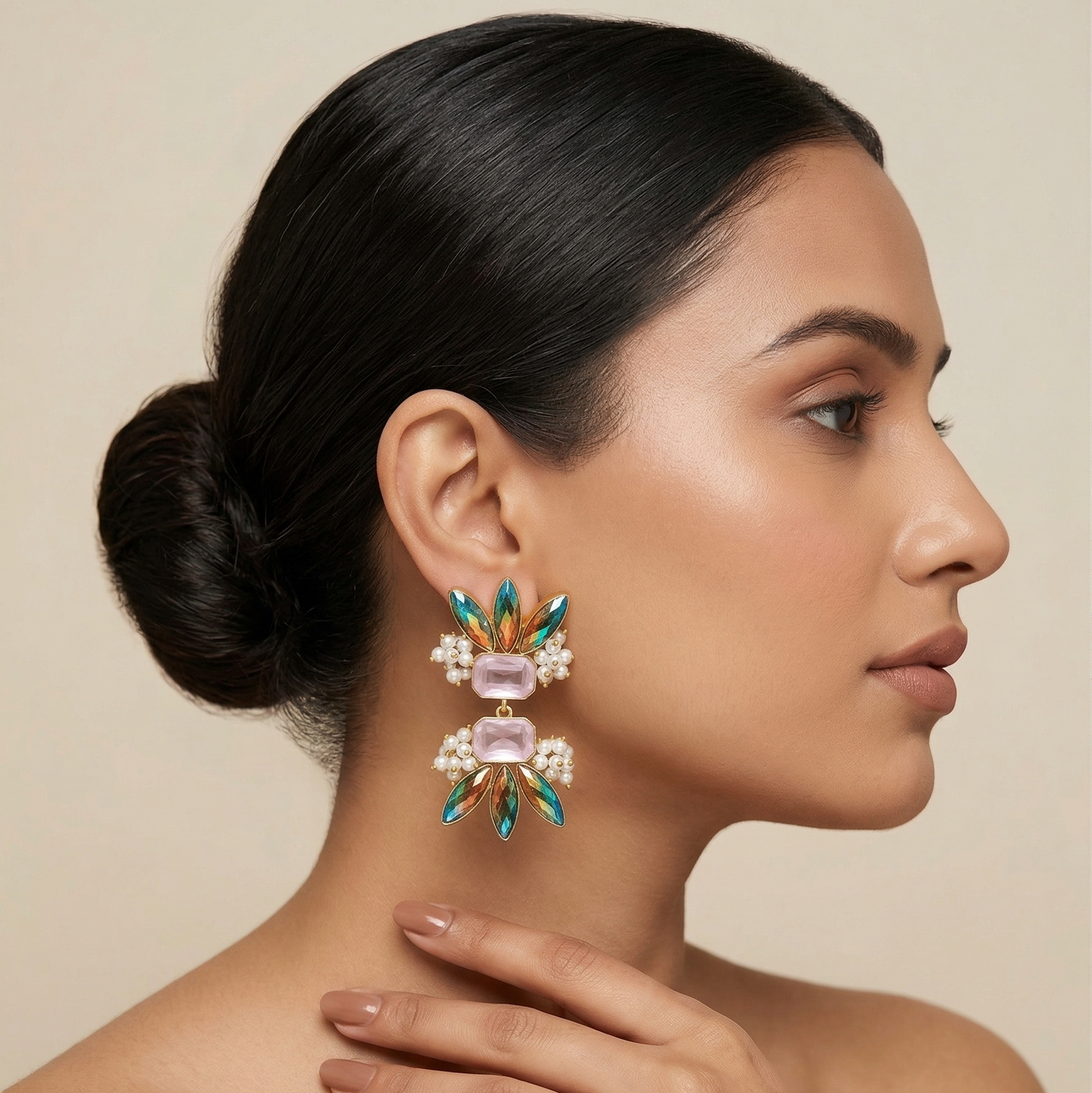 Semi Precious Stone Danglers With Pearl