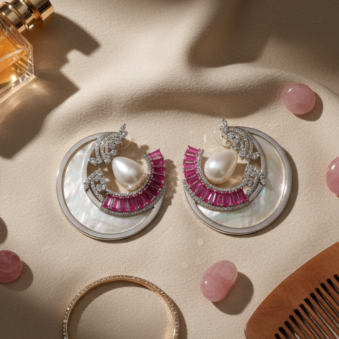 Pearl & Pink Stone Crescent Moon Drop Earrings