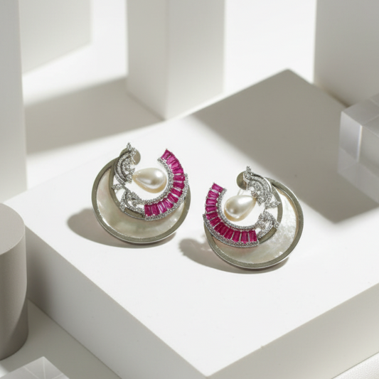 Pearl & Pink Stone Crescent Moon Drop Earrings