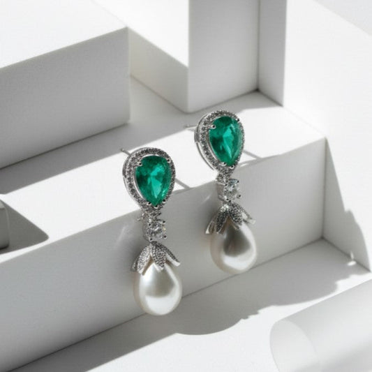 Classic Green Gemstone & Pearl Dangler Earring