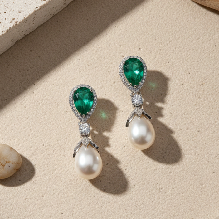 Classic Green Gemstone & Pearl Dangler Earring