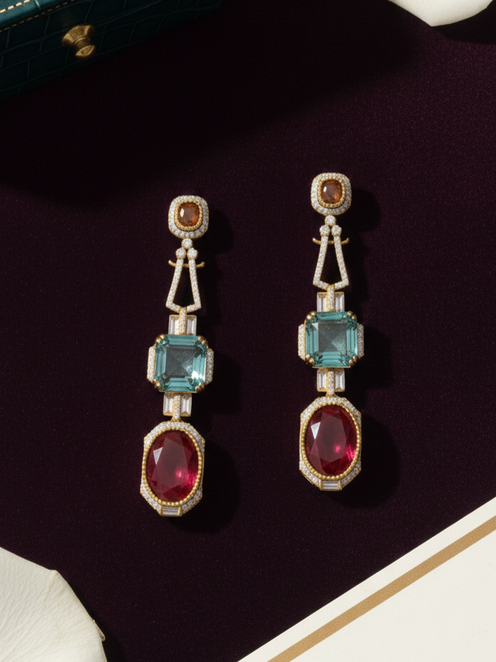 Ruby Emerald Gold Drop Earrings