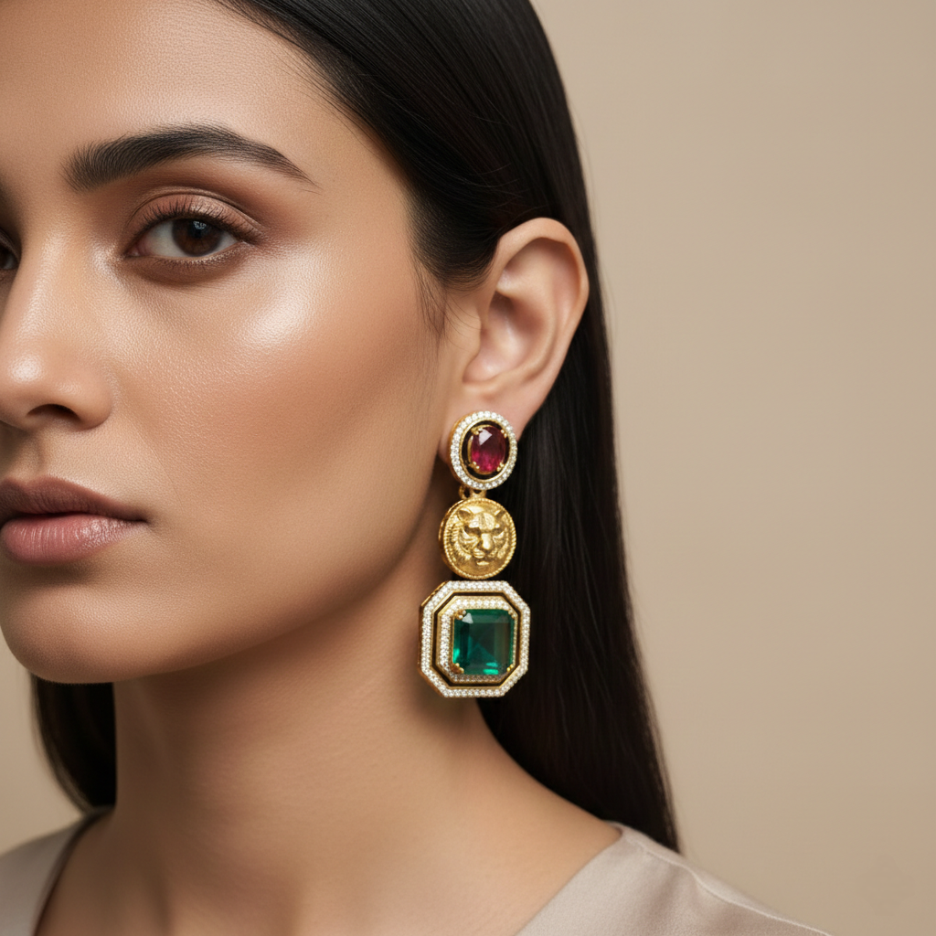 Royal Gold Plated Lion Face Statement Earrings with Red & Green Stone Drops