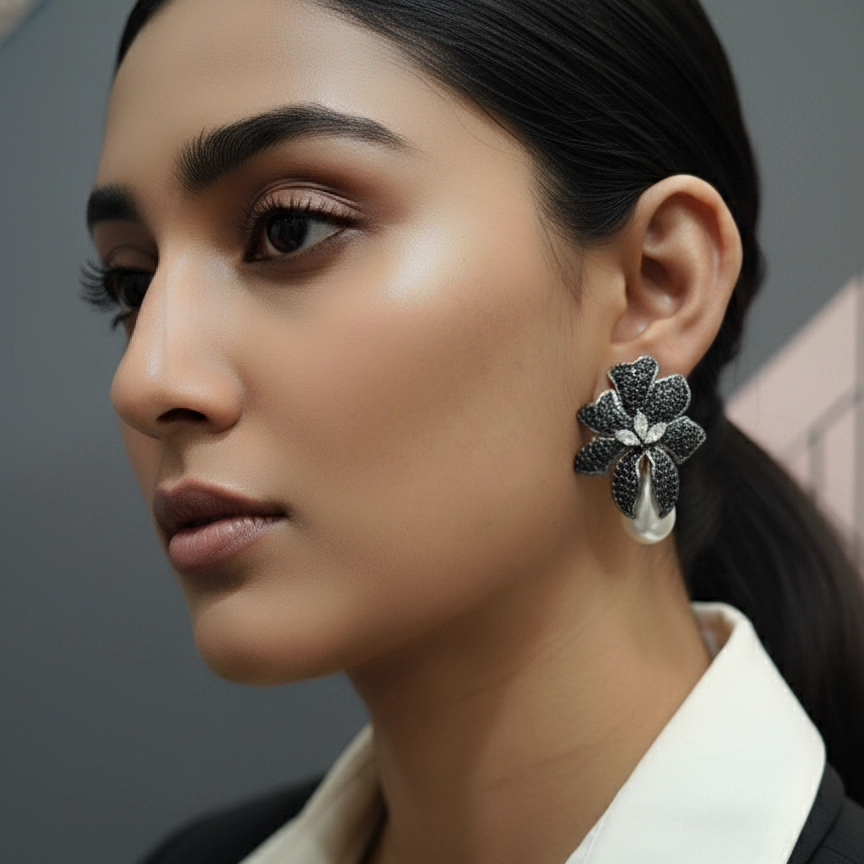 Midnight Bloom Pearl Drop Earrings