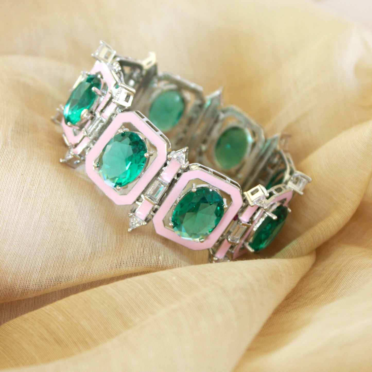 Vintage Silver Plated Green Stone Statement Bangles for Women