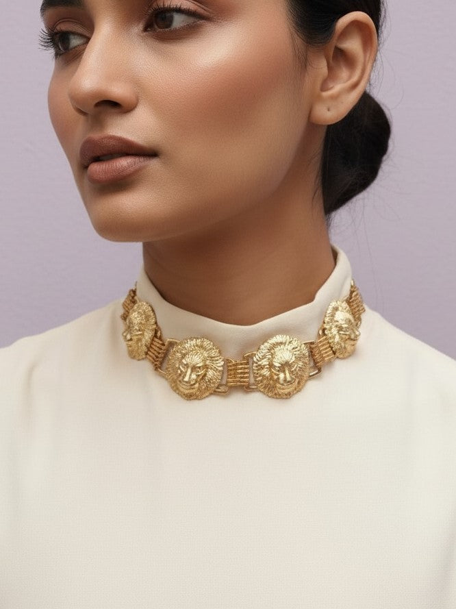 Vintage-Inspired Lion Necklace In Antique Gold Toned