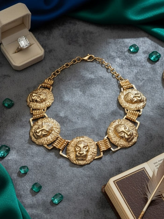 Vintage-Inspired Lion Necklace In Antique Gold Toned