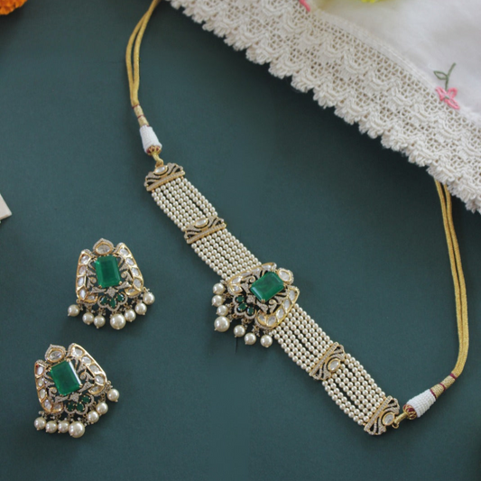 Pearl Emerald Choker Necklace Set