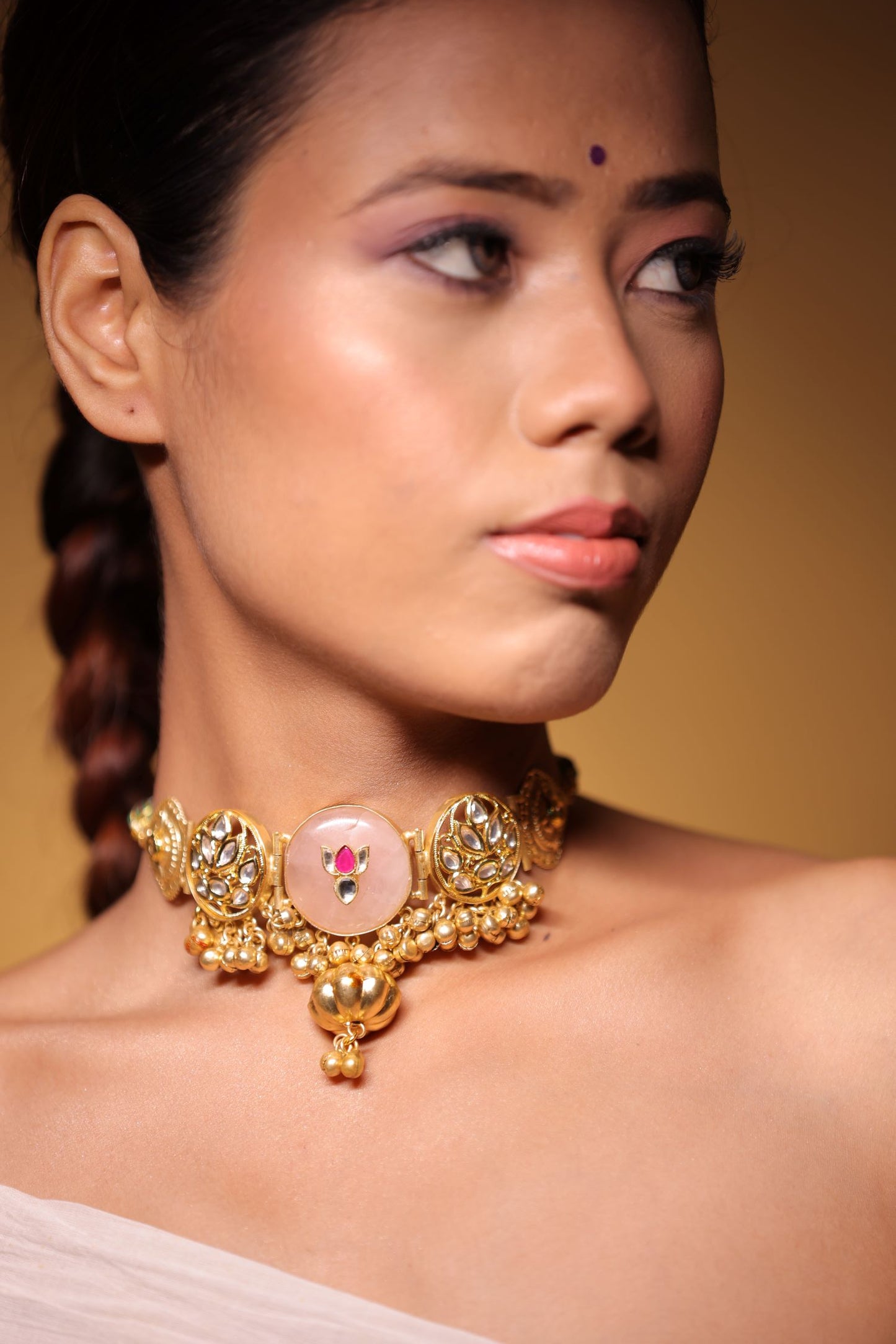 Flower Design Choker With Pink Stone