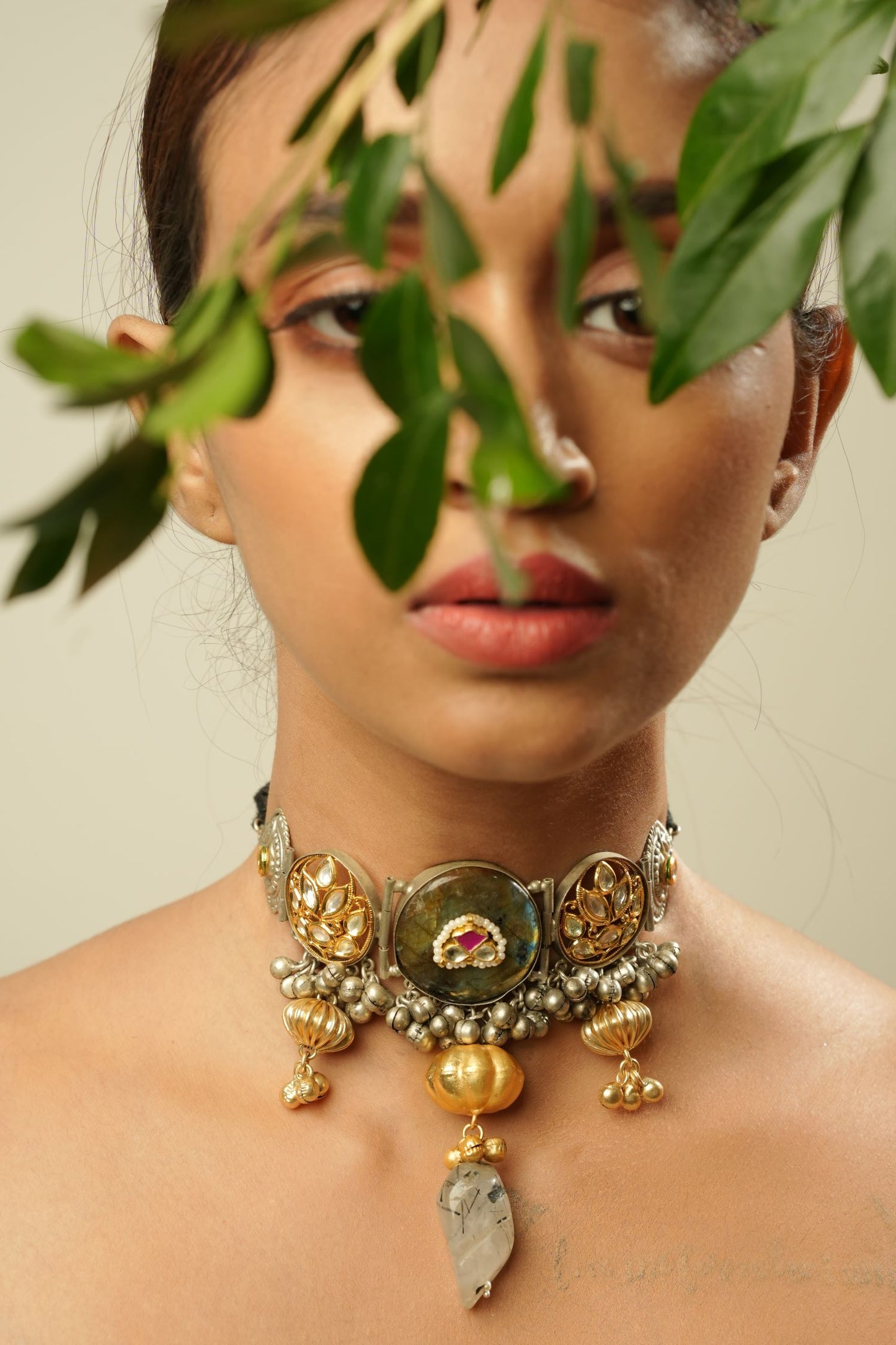 Flower Design Choker With Pink Stone