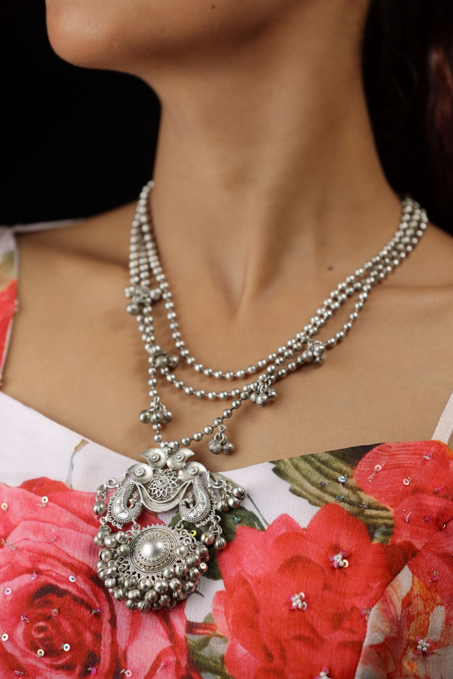 Oxidised Silver-Plated Ghungroo Beaded Neckpice