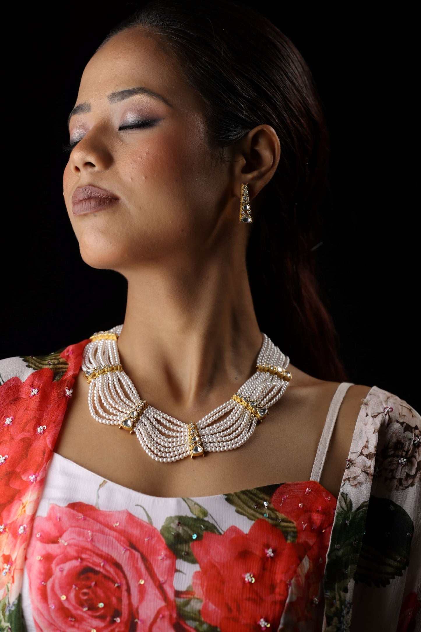 Elegant layered white pearl work neckpiece