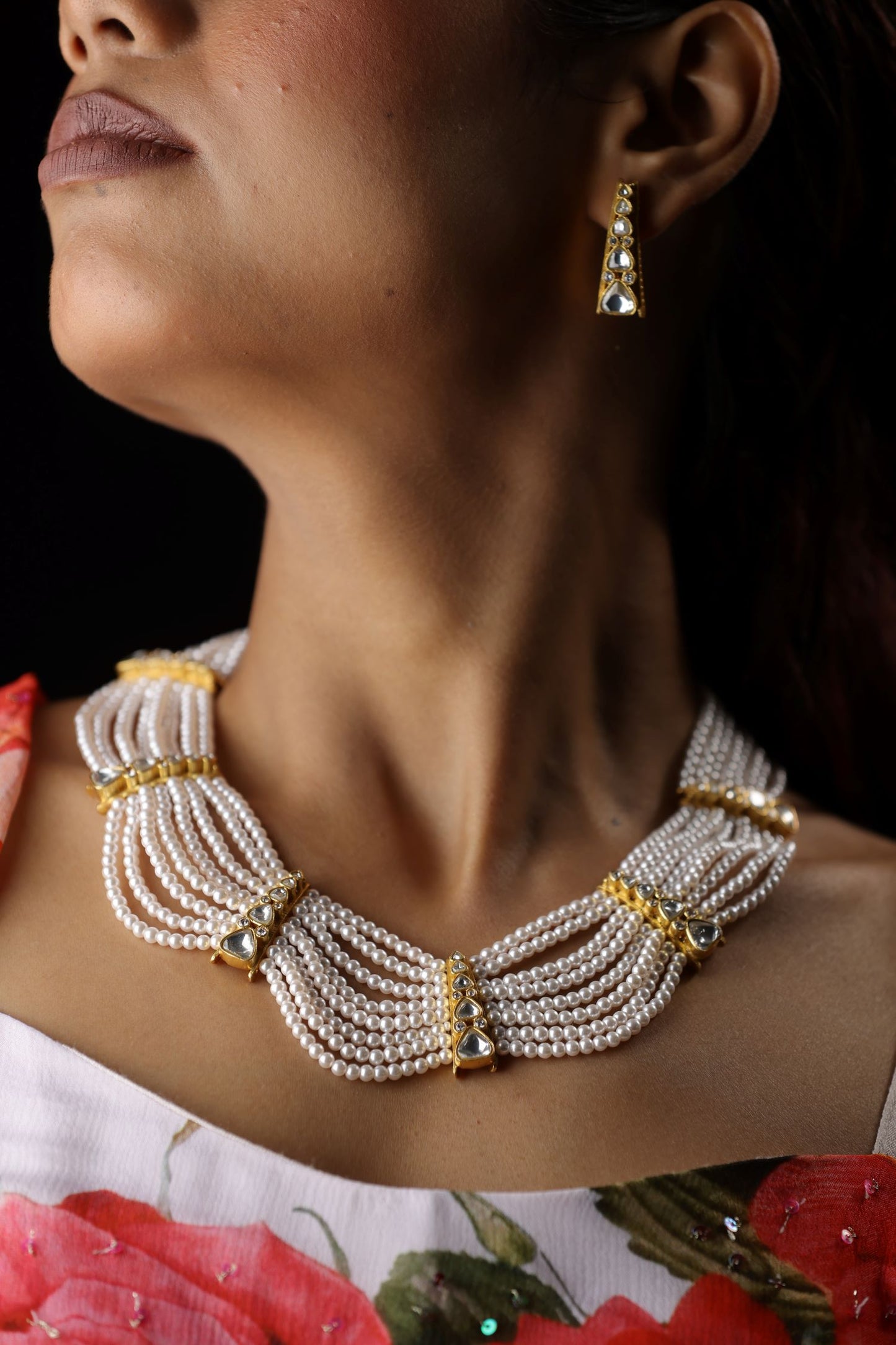 Elegant layered white pearl work neckpiece