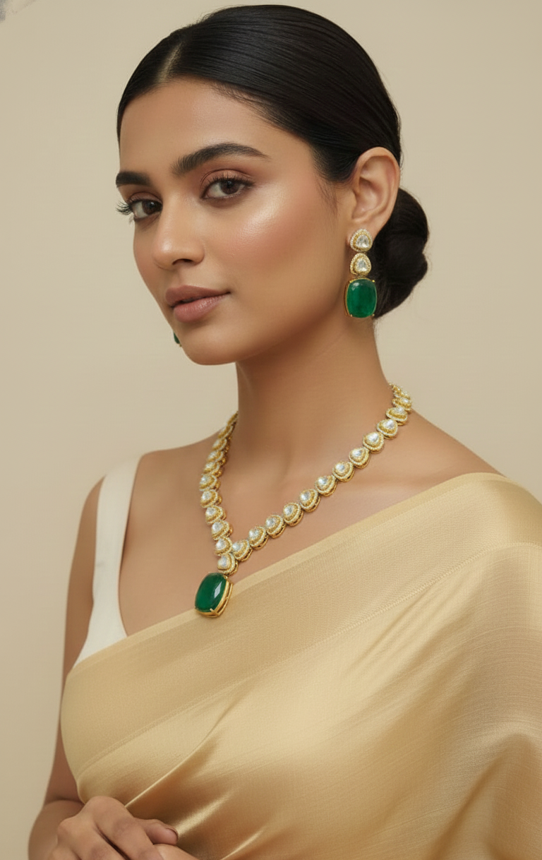 Luxury Green Swarovski Stone Kundan Necklace & Earring Set for Women