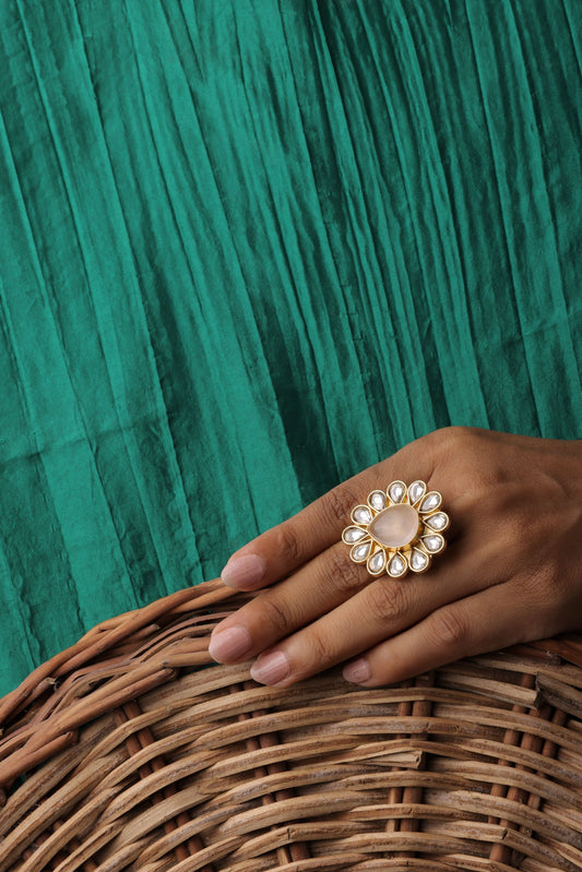 Golden Flower Design Small Oval Shape Kundan Ring