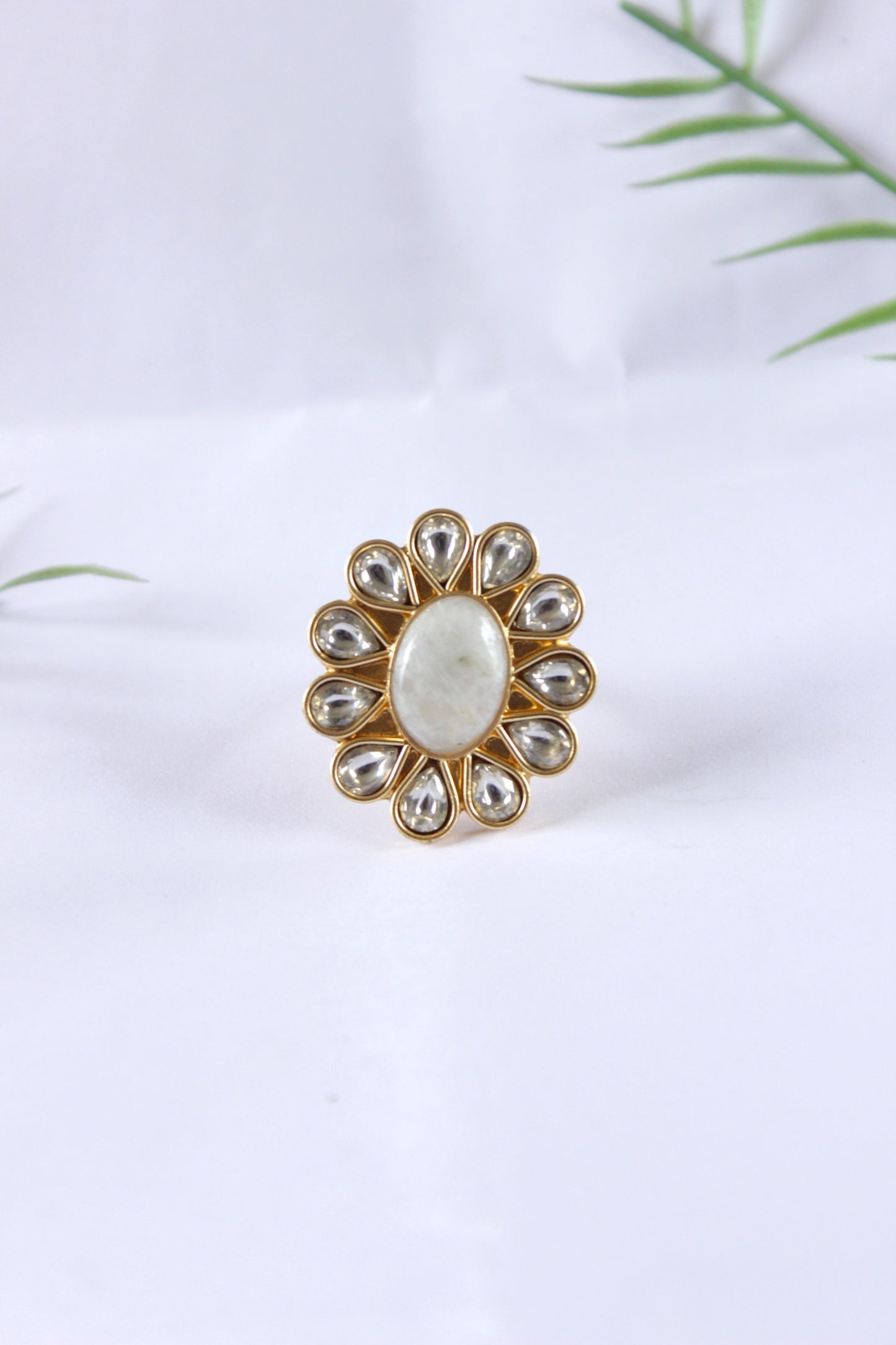 Golden Flower Design Small Oval Shape Kundan Ring