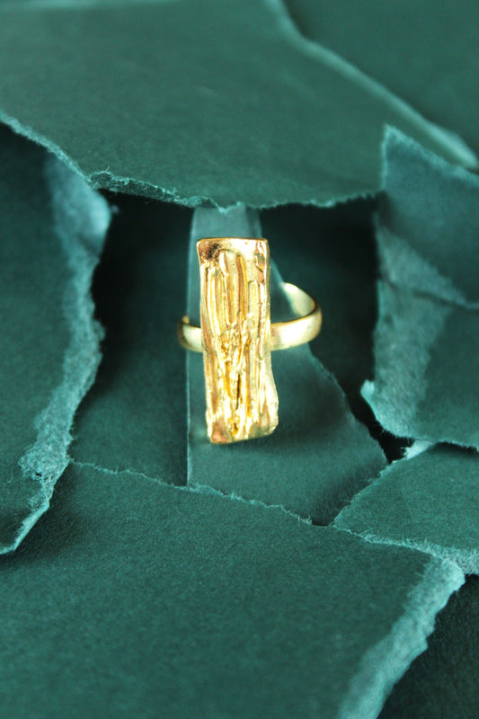 Golden textured rectangular layered bark style centerpiece ring