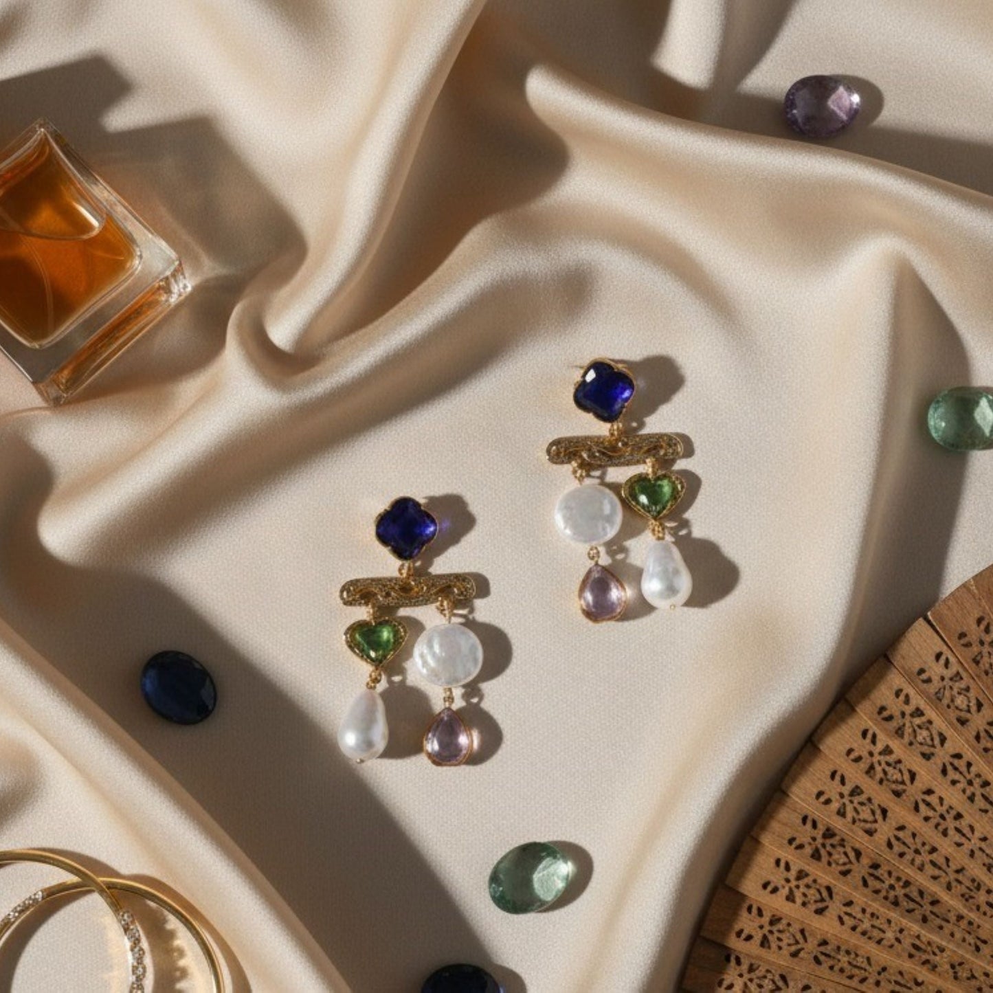 Diamond Heart Water Drop Pearl Earrings