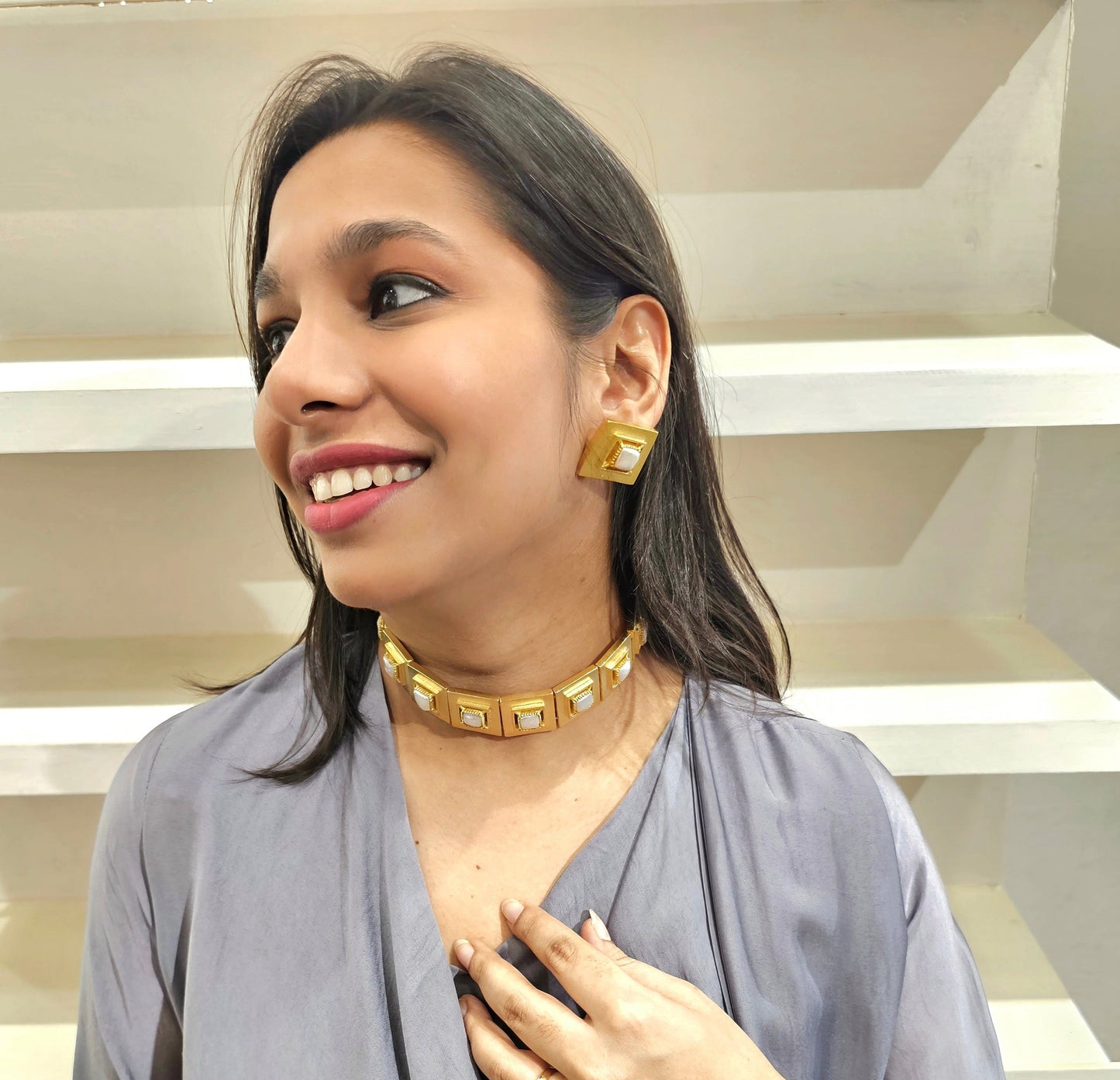 Gold Plated & Pearls Choker Jewellry Set