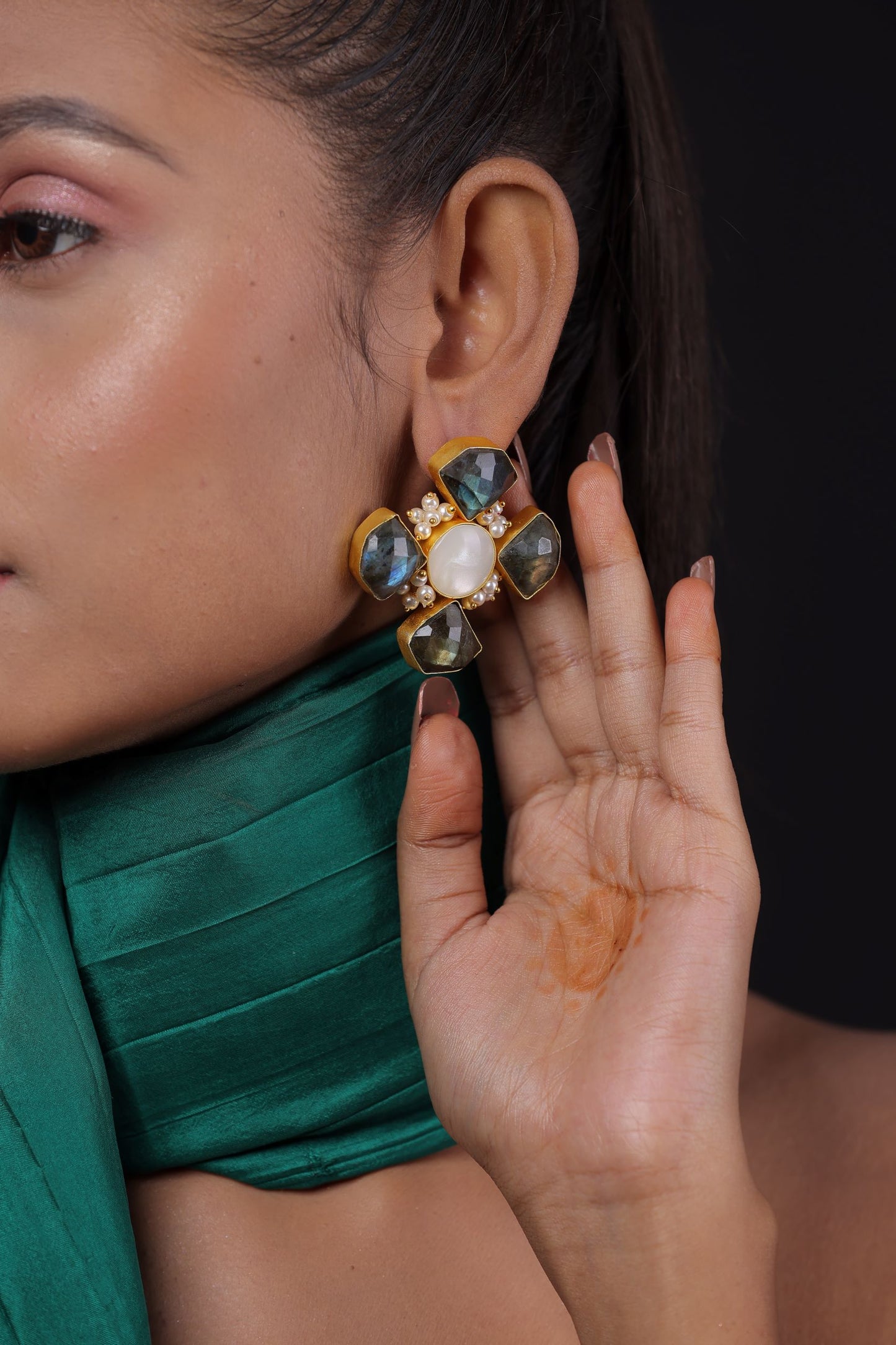 Opal Stone Flower Design Big Stud With Pearls