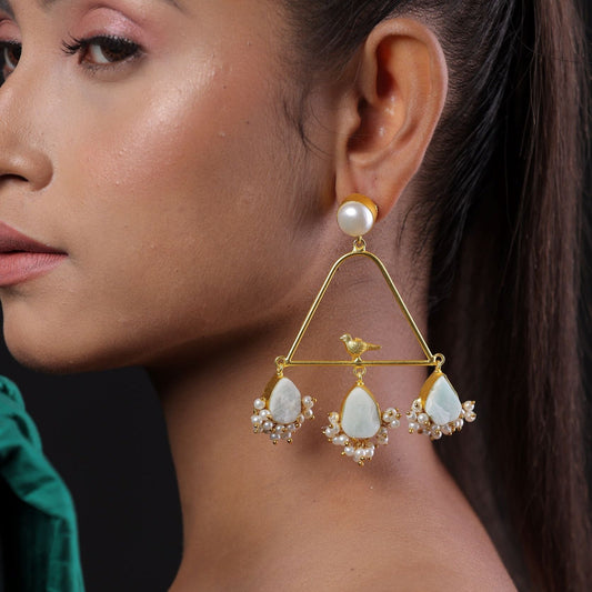 Bird Design Pearl Semi Stone Drop Earring