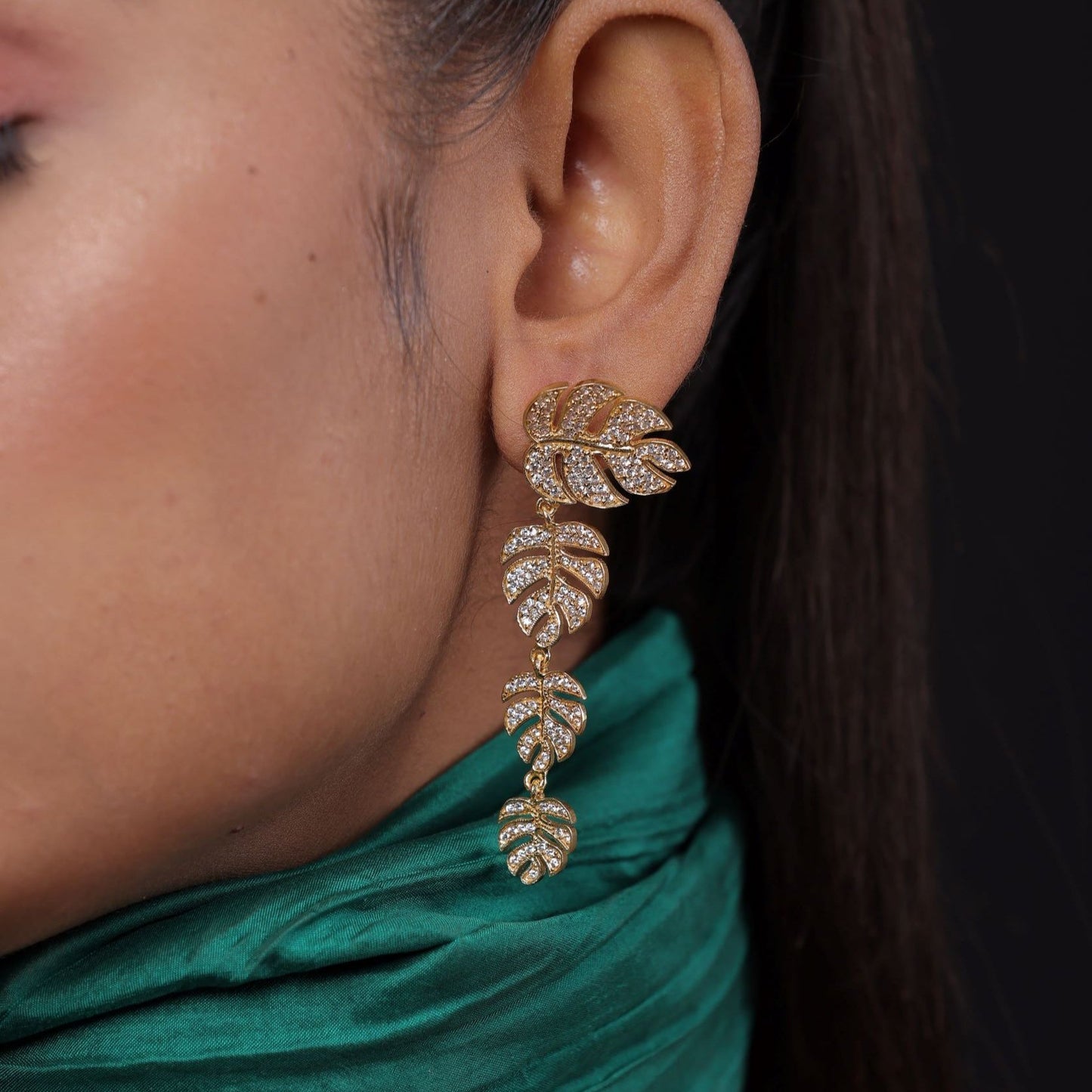 Leaf Design Drop Earring With Micro White stone