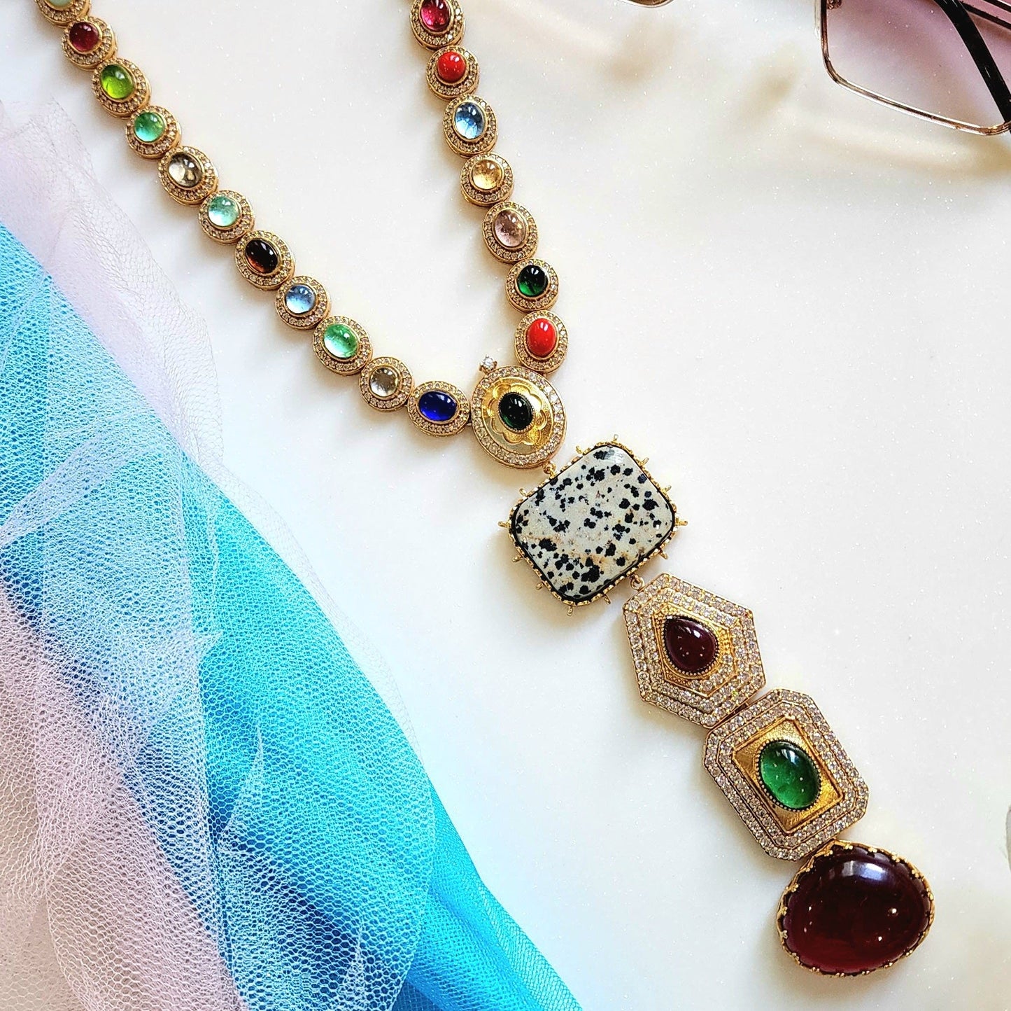 Long Choker Neckpiece With Semi precious Stone
