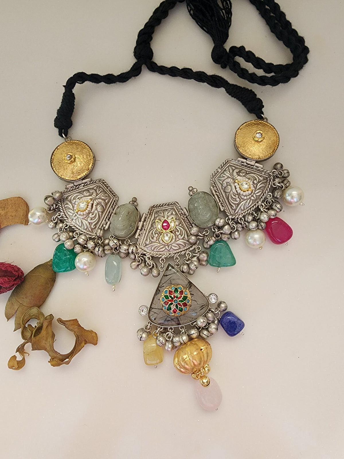 Statement Silver Choker Neckpiece With Ghungroo And Stone