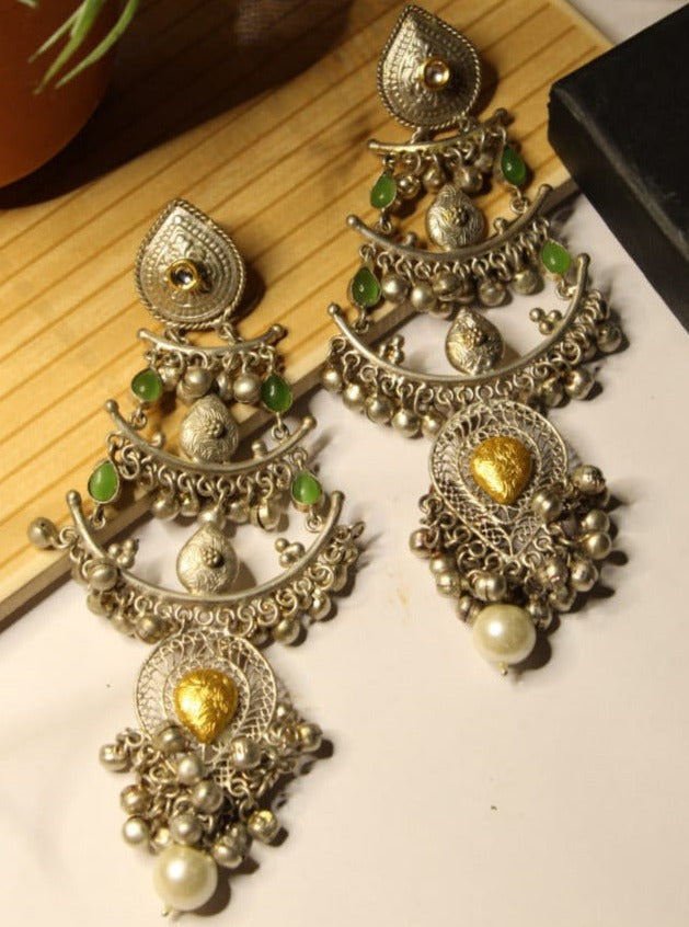 Afgani Tribal Long Dangle & Drop Earring With Green Semi Precious Stone