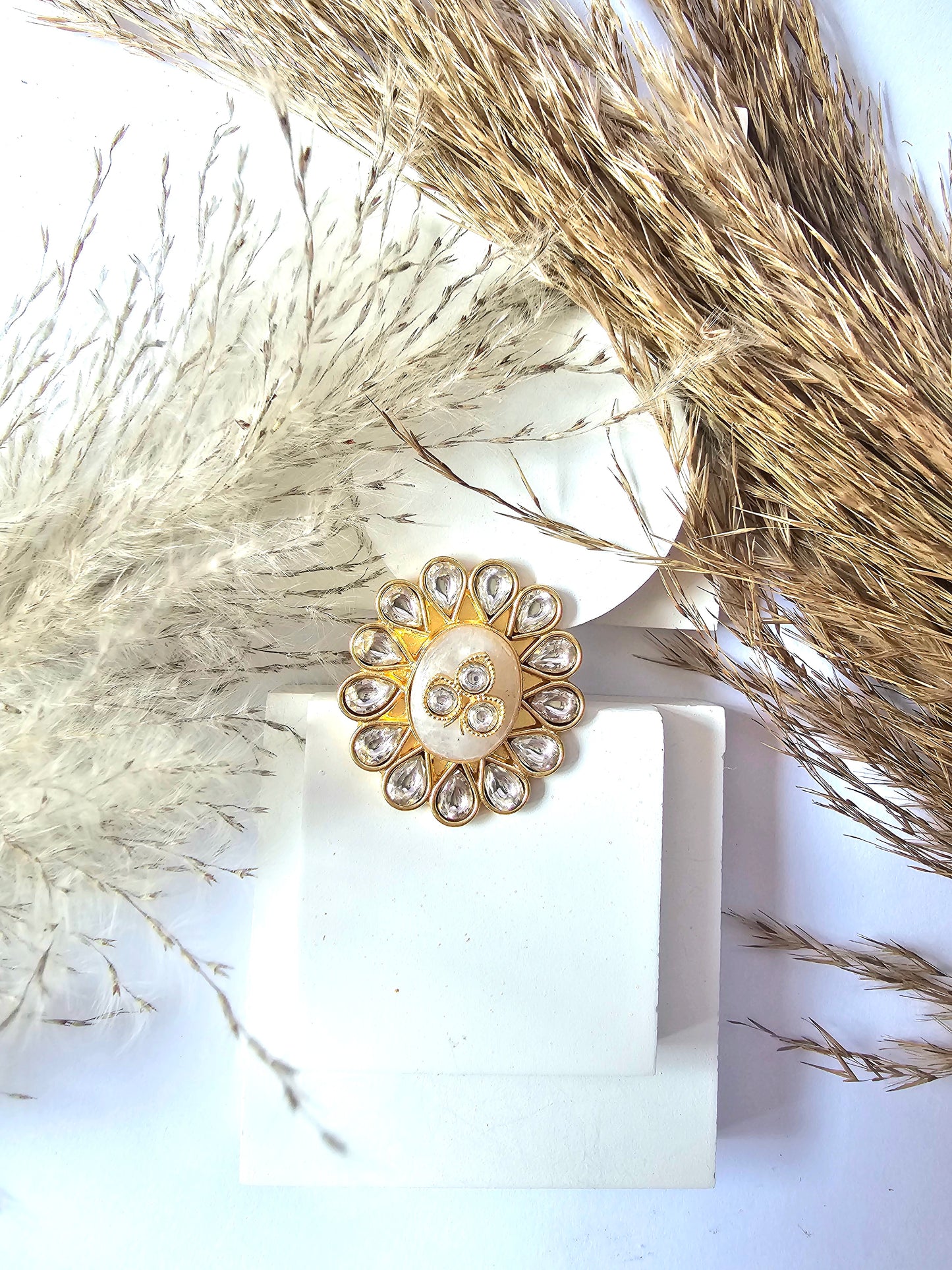 Golden Flower Design Kundan Ring