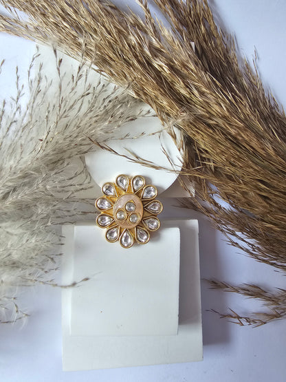 Golden Flower Design Kundan Ring