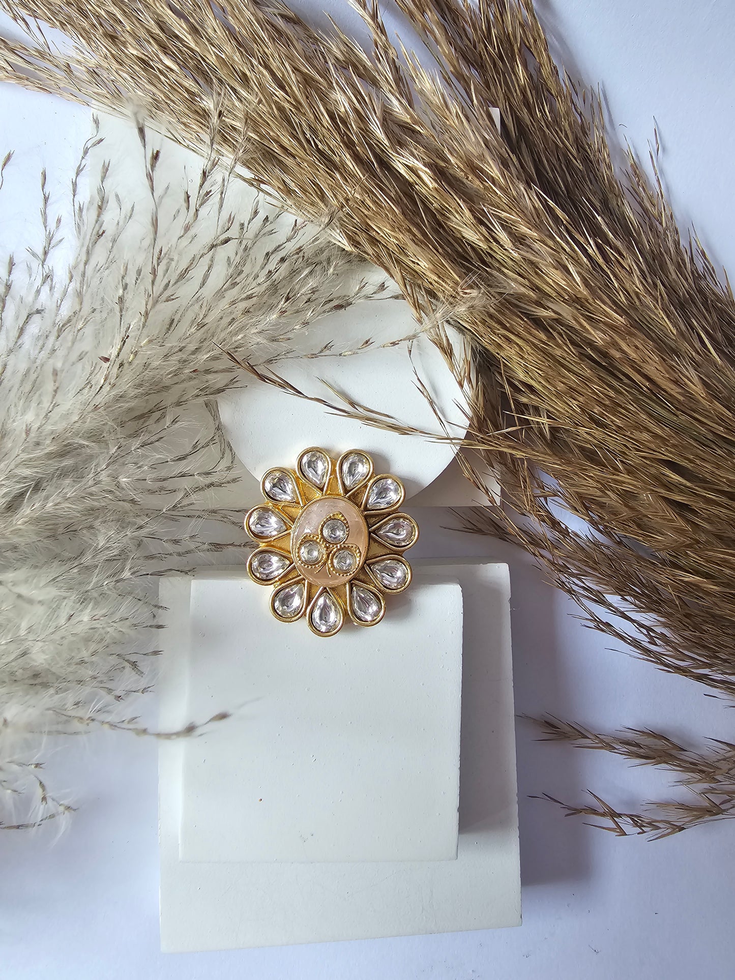 Golden Flower Design Small Oval Shape Kundan Ring